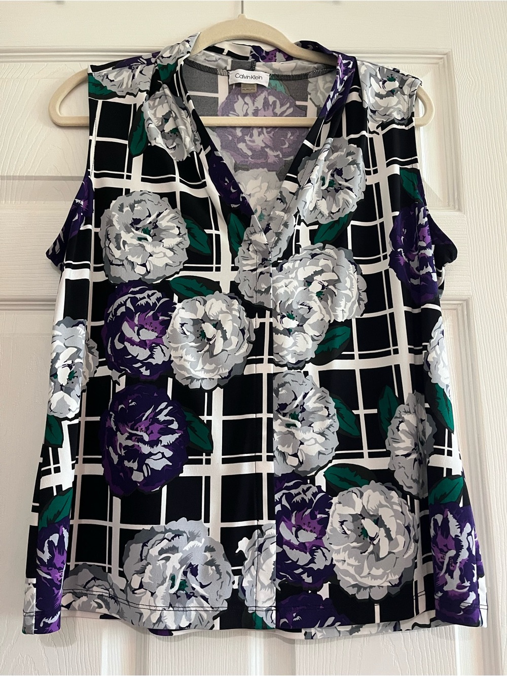 Calvin Klein Black Grid Floral Sleeveless Top with Purple & White Blooms